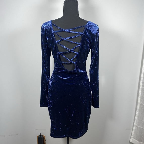 Vintage Bongo Dress Blue Crushed Velvet Fitted Fairy Goth Vampy 90's Grunge Sz M - Picture 3 of 7